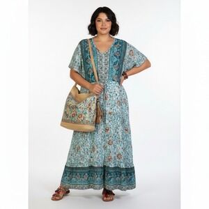 Temofon Womens Boho Floral Maxi Dress XL Teal Cottagecore Romantic Summer Resort